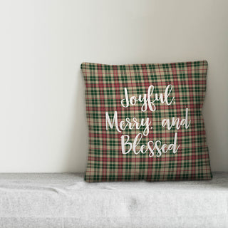 Joyful, Merry & Blessed, Tartan Plaid 18x18 Throw Pillow
