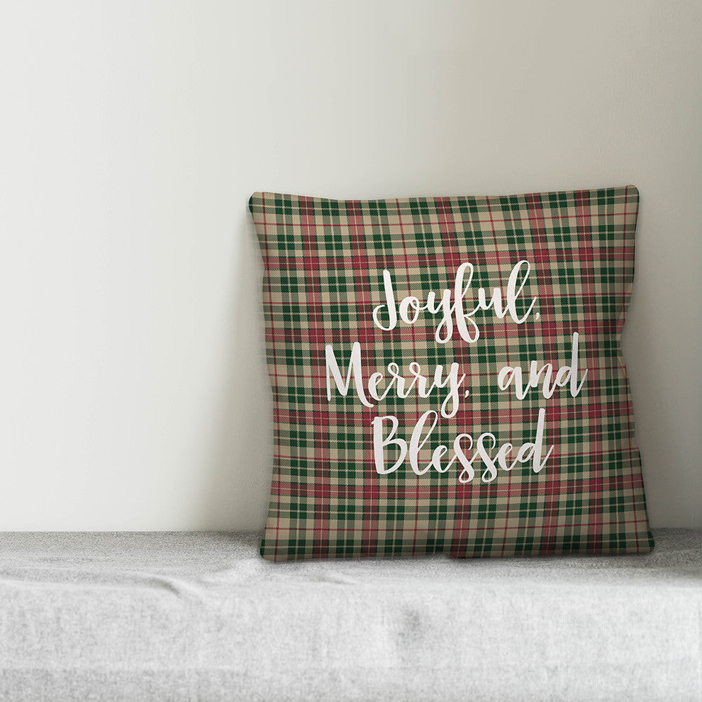 Joyful, Merry & Blessed, Tartan Plaid 18x18 Throw Pillow
