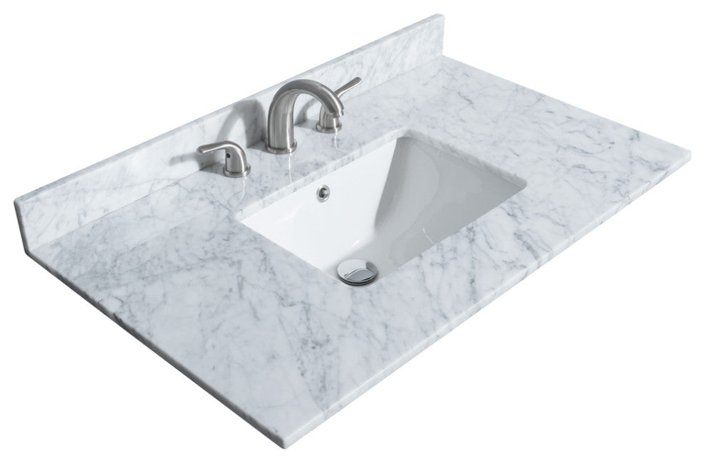 36" Single Bath Vanity, White, Carrara Countertop, Sink, Gold Trim, 24" Mirror