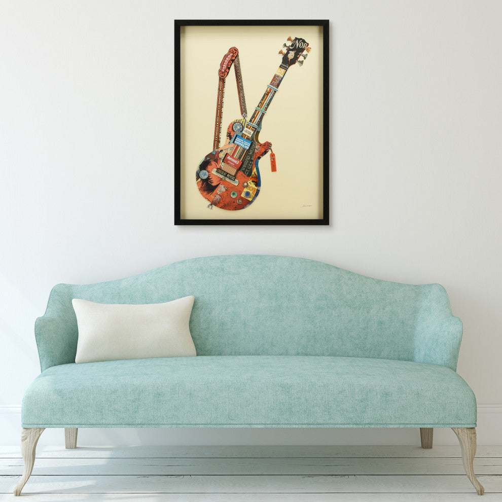 Electric Guitar Hand Made Dimensional Collage Framed Wall Art Under Glass