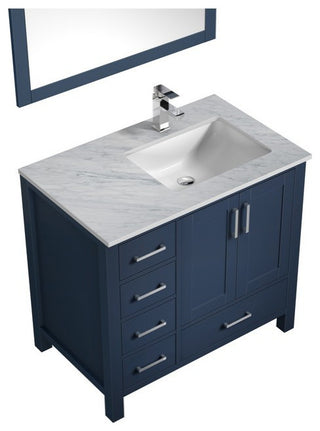 Jacques 36" Navy Blue Single Vanity Set, Carrara Marble Top - Right Version