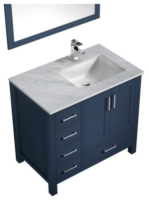 Jacques 36" Navy Blue Single Vanity Set, Carrara Marble Top - Right Version