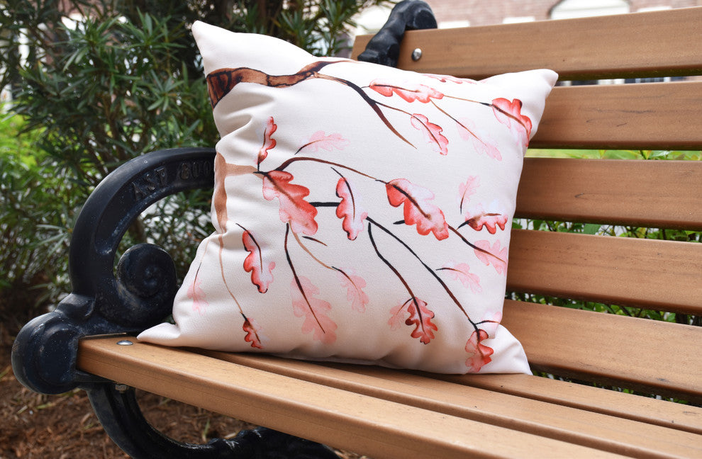 Wild Oak Branch Cream Floral Print Outdoor Decorative Throw Pillow, 18"