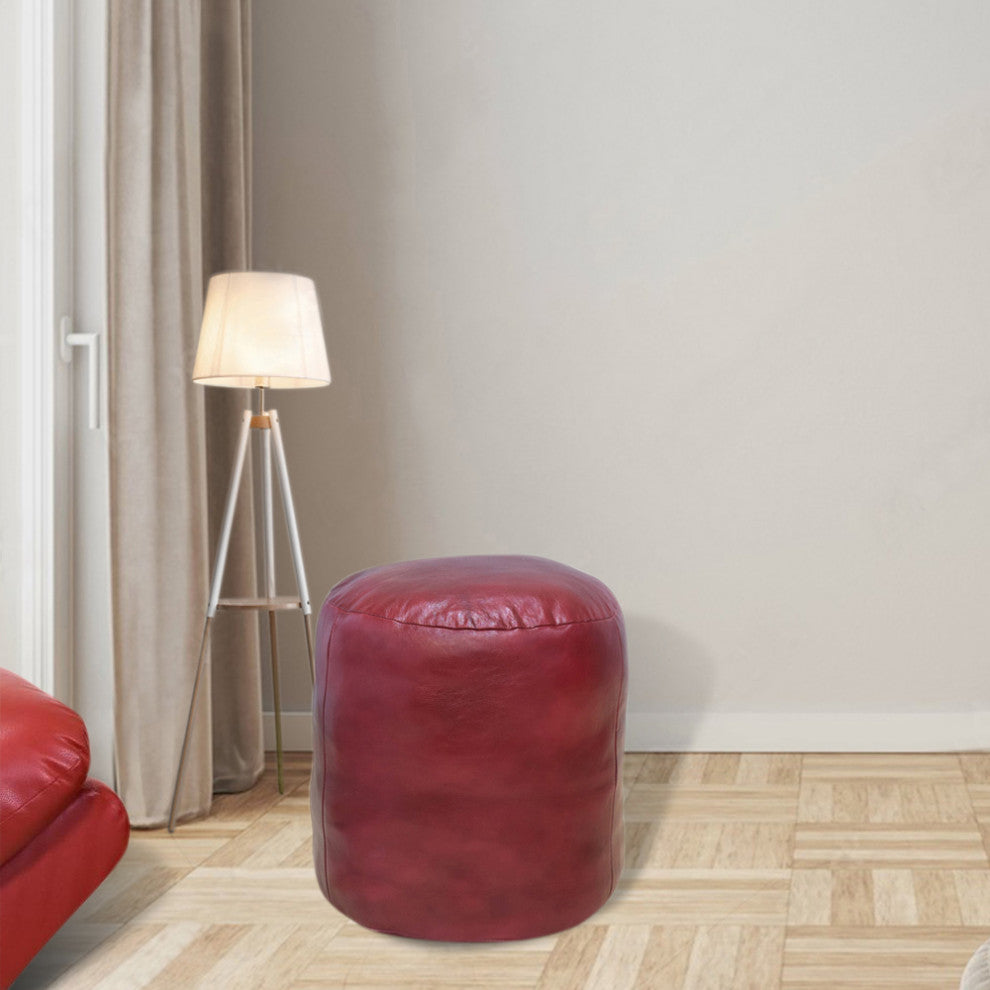 Pouf-Solid Handmade Leather Pouf (Recycled Foam with Fiber Fill), Dark Pink, {Round}16x16x16