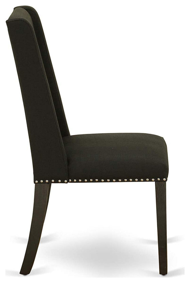 Set of 2 Parson Dining Chairs, Nailhead Trim, Linen Fabric Upholstered, Black