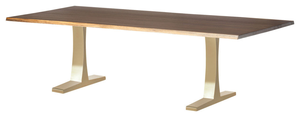 Toulouse Stainless Steel Dining Table, Top: Seared Oak, Base: Brushed Gold, 96"