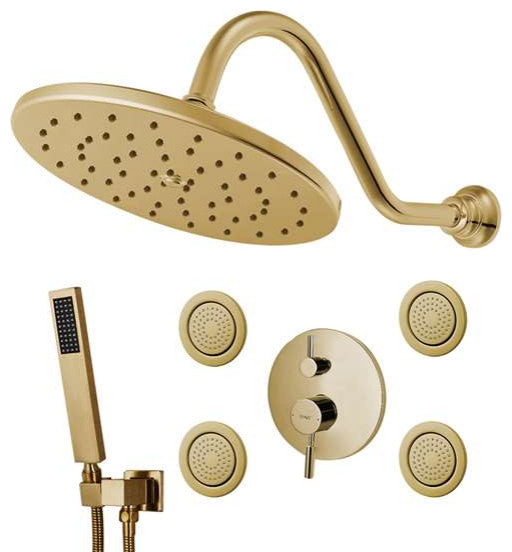 Bravat Brushed Gold Wall Mounted Shower Set, Valve Thermostatic Mixer 3-Way