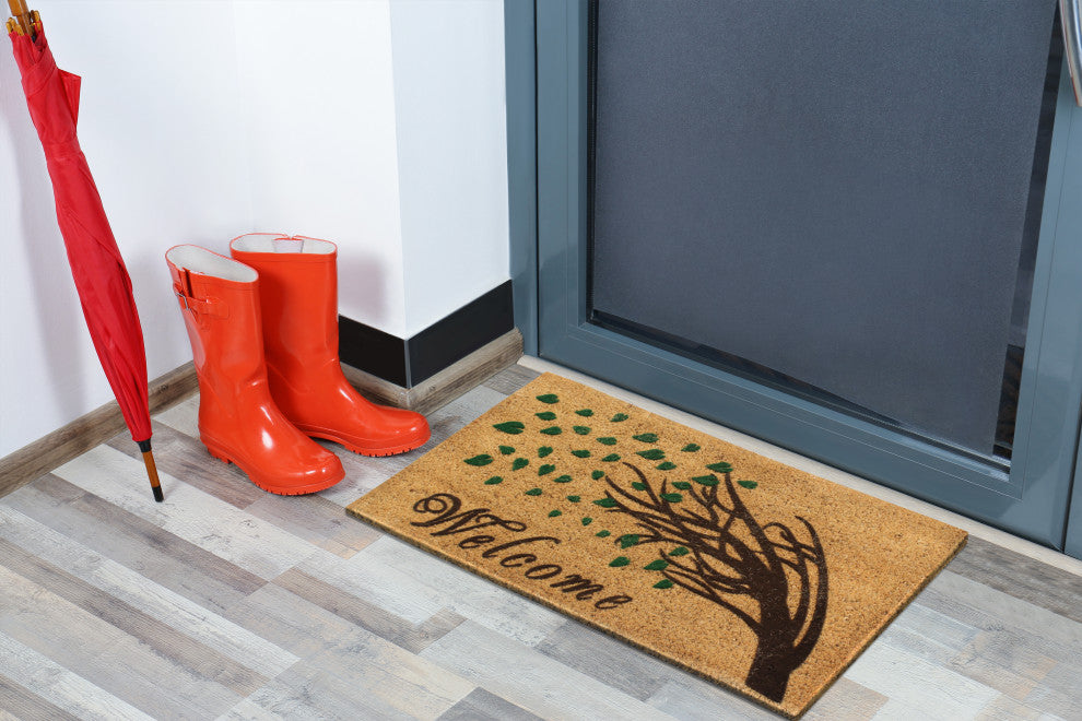 A1HC Floral Natural Coir Front Door, Anti-Shed Treated Durable Doormat 18"X30"