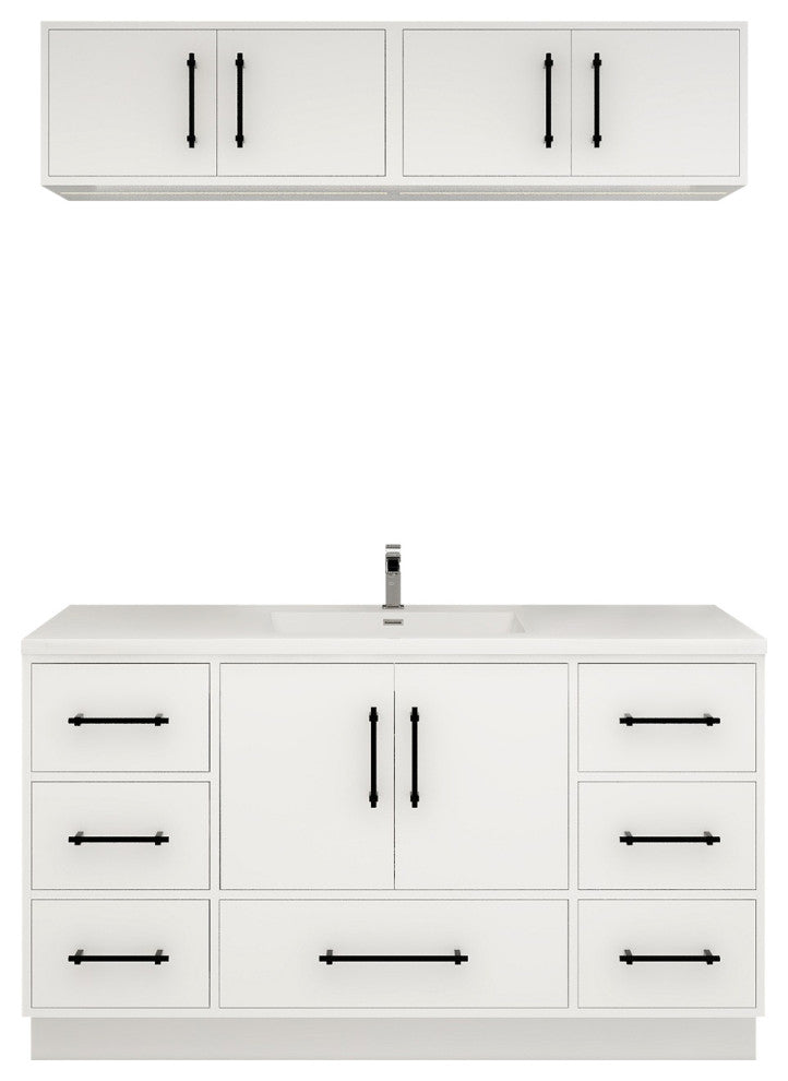 Victoria 60" Solid Wood Vanity Single Sink, Overhead Cabinet, Glossy White