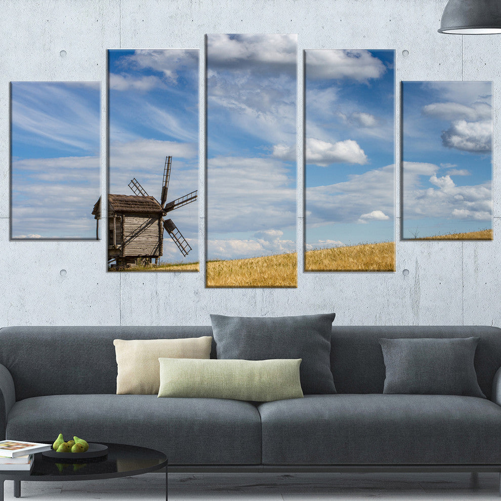 "Cloudy Sky and Windmill Summer Day" Landscape Wall Art, 5 Panels, 60"x32"