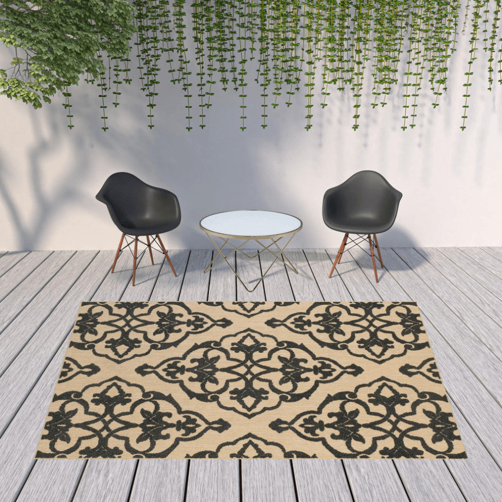 8' x 11' Beige and Black Oriental Stain Resistant Indoor Outdoor Area Rug