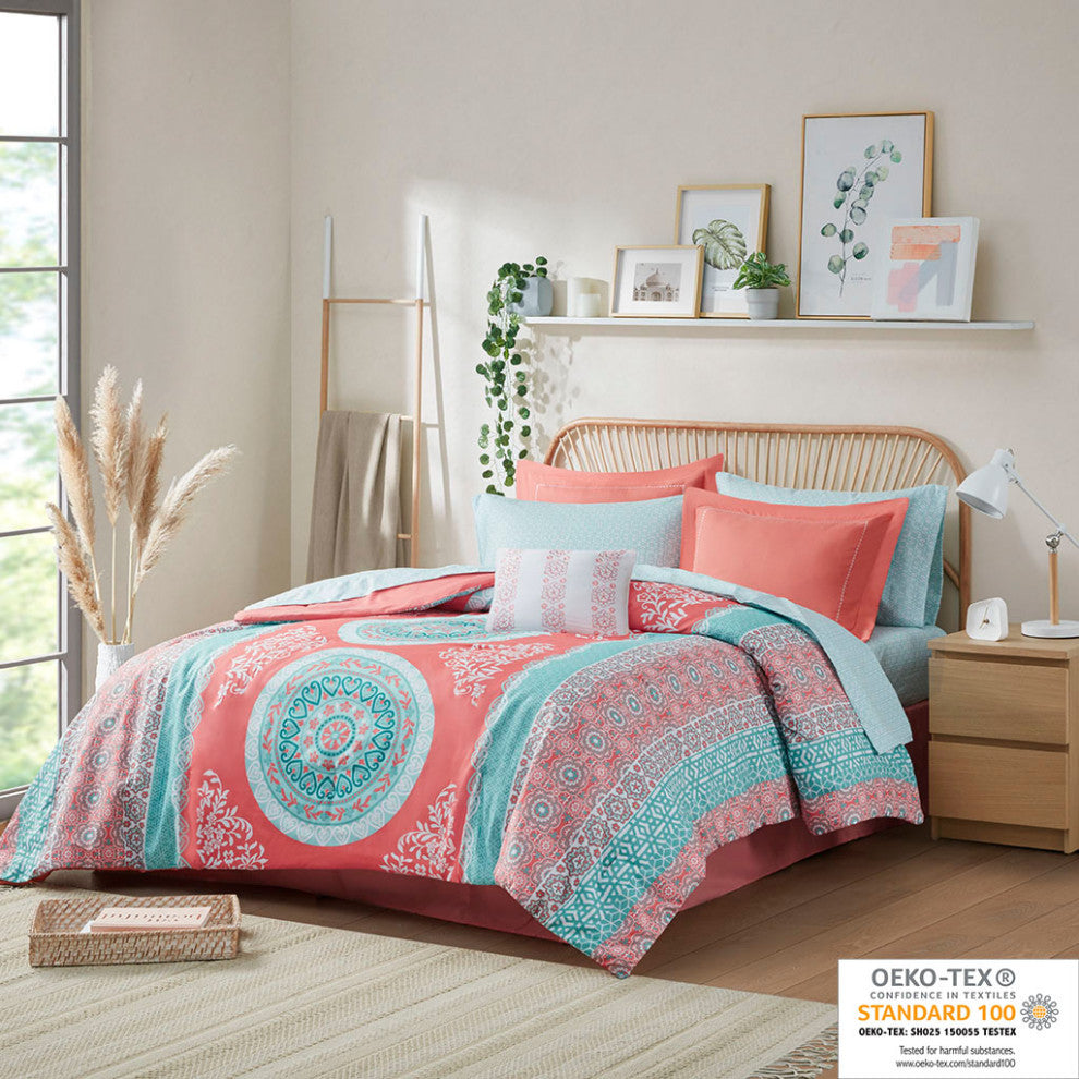Intelligent Design Loretta Boho Comforter Set With Bed Sheets, Coral