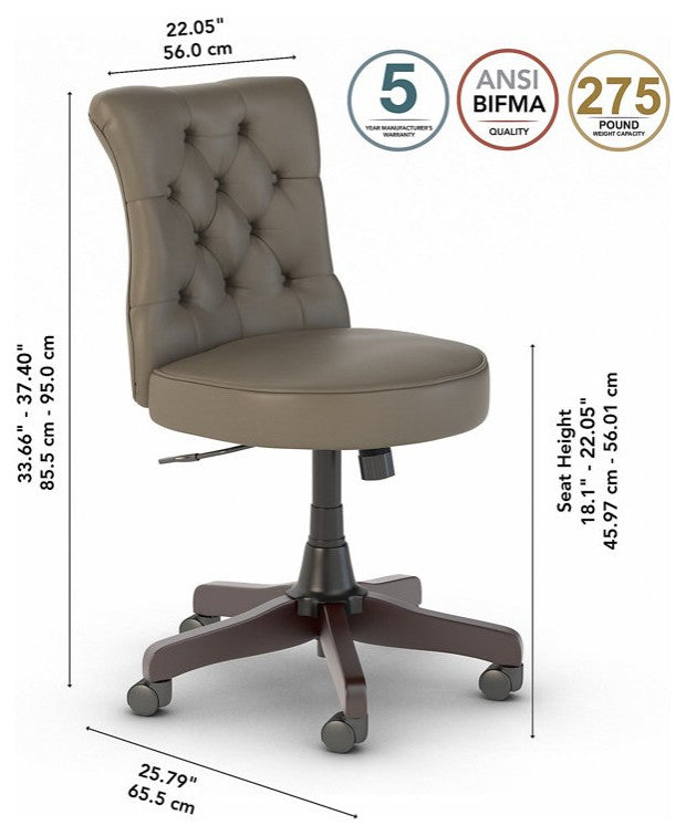 Swivel Office Chair, Armless Seat & Button Tufted Back, Washed Gray Pu Leather