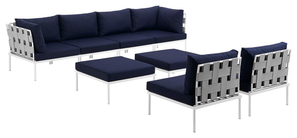 Modway Harmony 8 Piece Outdoor Patio Aluminum Sectional Sofa Set, White Navy