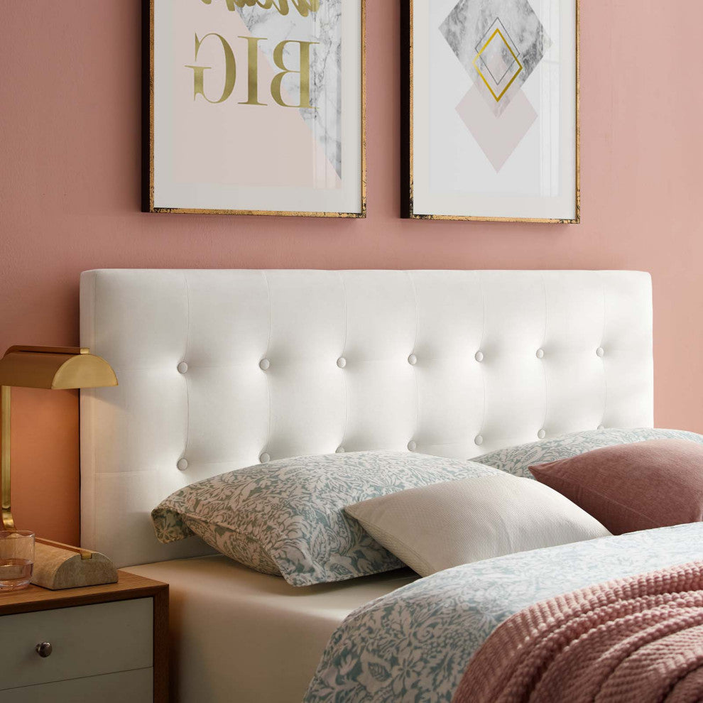 Contemporary Modern Bedroom King Size Tufted Headboard, Velvet Fabric, White