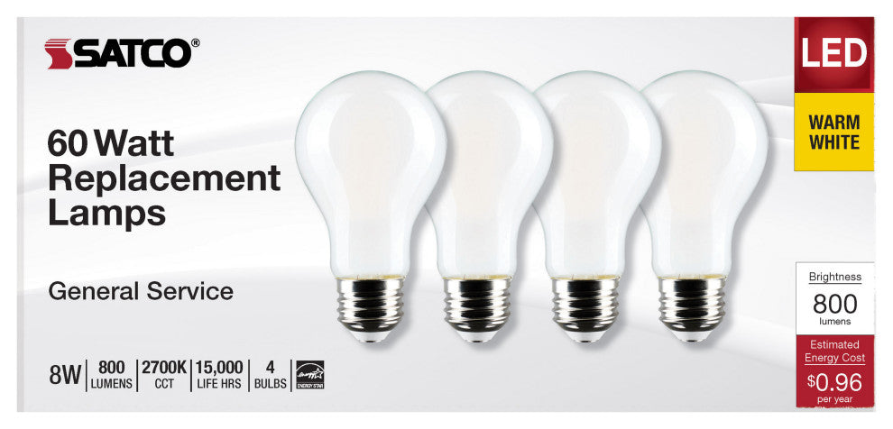 8W A19 LED, Soft White, 2700K, Medium Base, 120V, 4-Pack