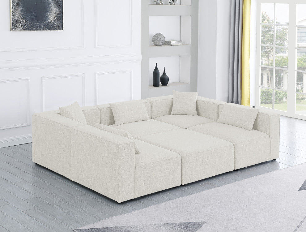 Cube Upholstered Modular Sectional, Cream, 6-Piece: 3 Armless Chair, 2 Corner Chair, 1 Ottoman, Linen Texured Fabric