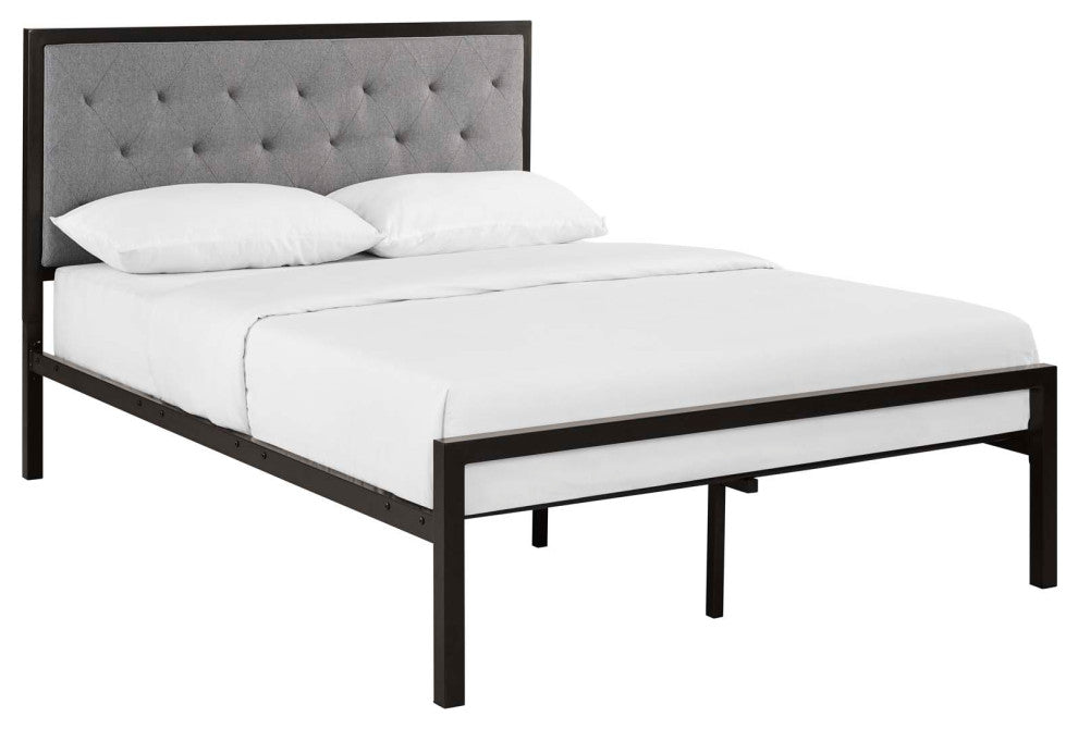 Mia Full Tufted Upholstered Fabric and Steel Bed, Brown Gray