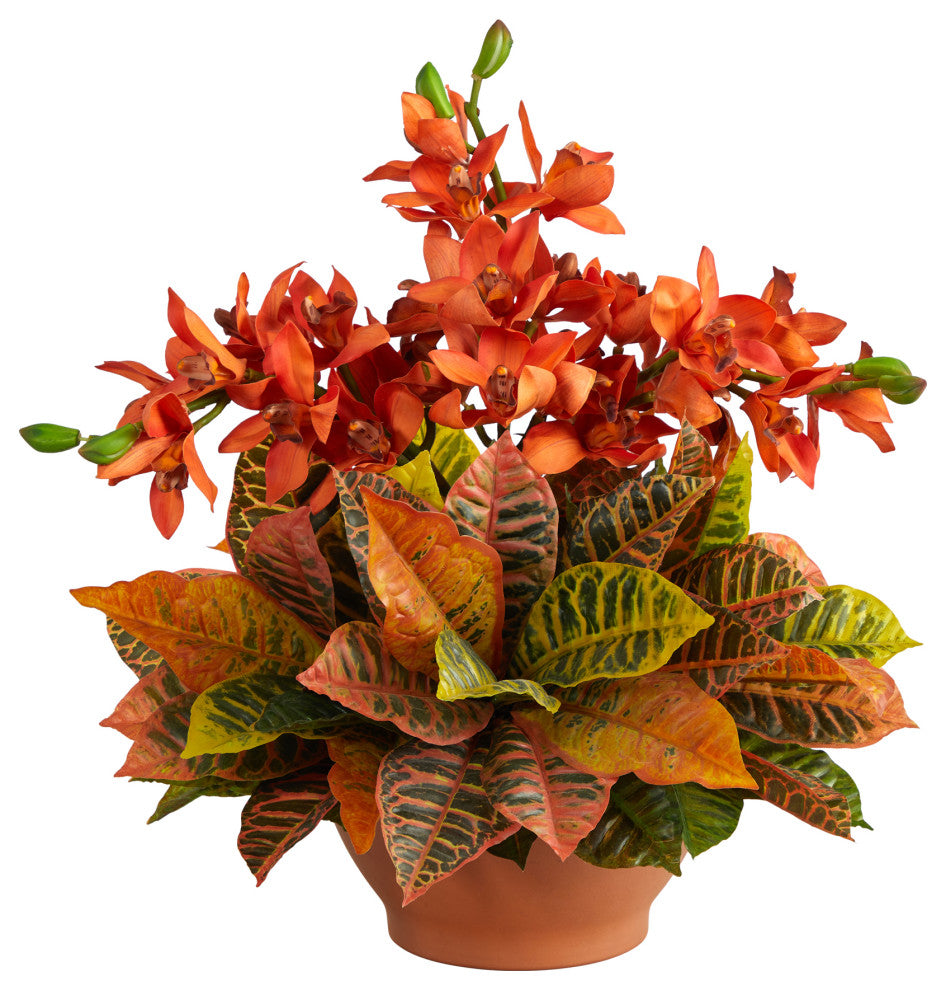 21" Cymbidium Orchid and Croton Artificial Arrangement, Terra Cotta Vase