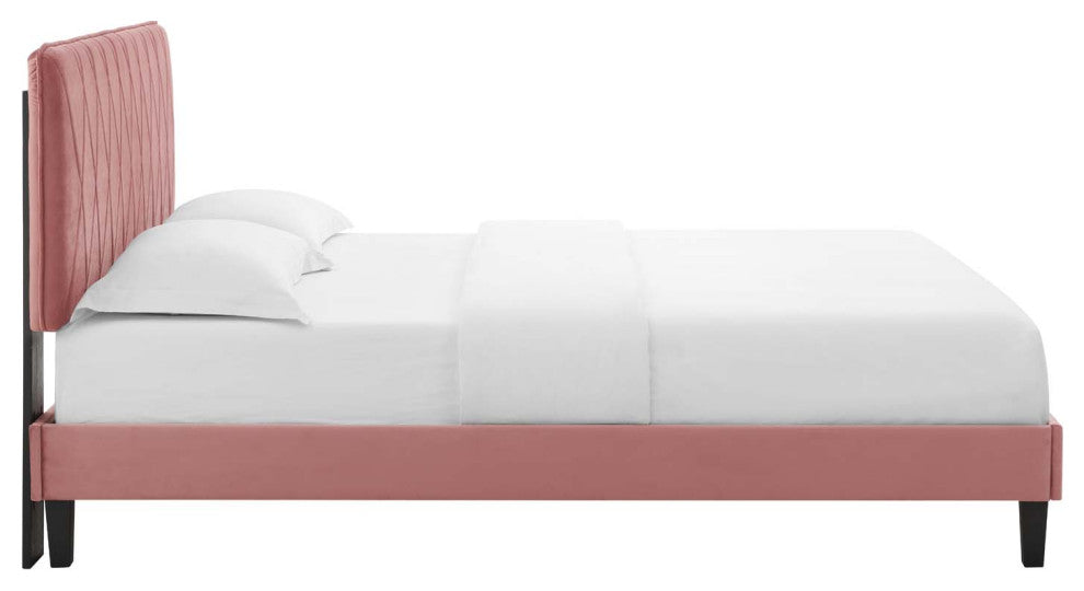 Platform Bed Frame, King Size, Velvet, Pink, Modern Contemporary, Bedroom Master