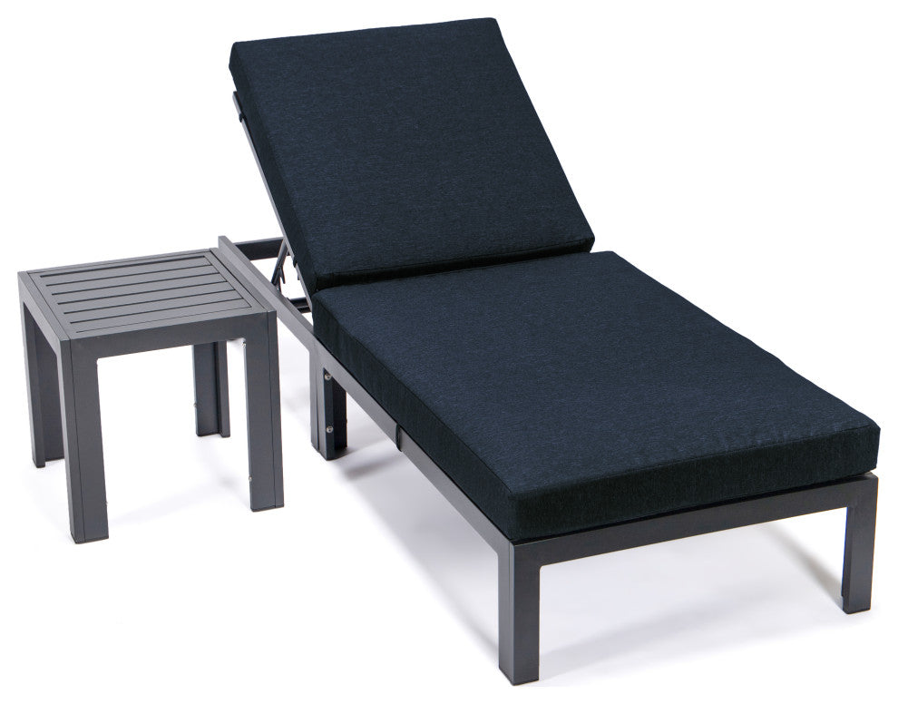 LeisureMod Chelsea Chaise Lounge Chair With Cushions & Side Table, Black