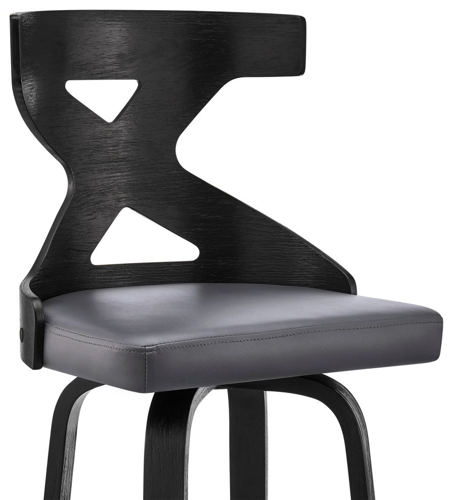 Gayle 30" Swivel Cross Back Grey Faux Leather and Black Wood Bar Stool