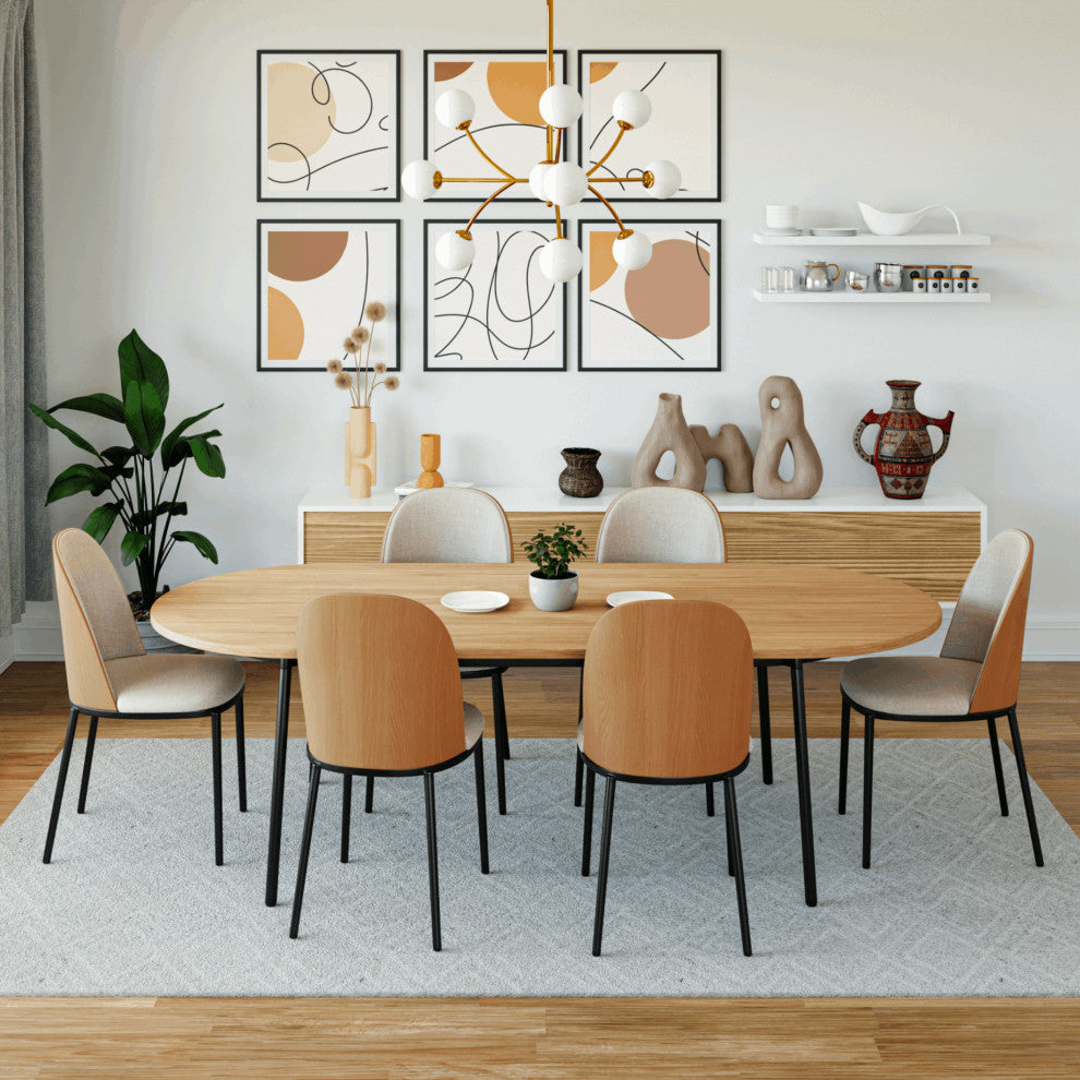 LeisureMod Tule 83" Oval Dining Table With MDF Top and Steel Legs, Natural Wood