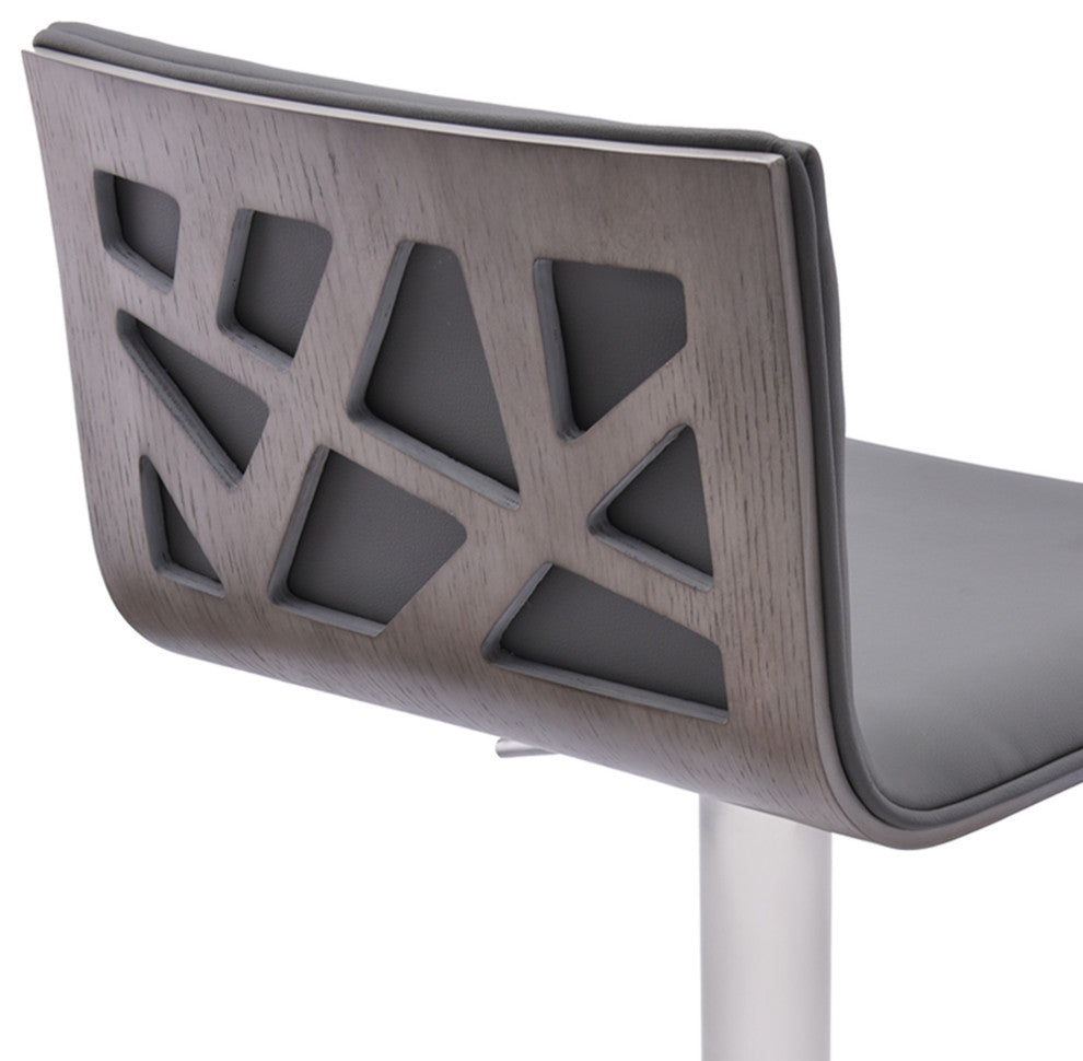 Adjustable Grey Faux Leather Walnut and Stainless Swivel Bar Stool