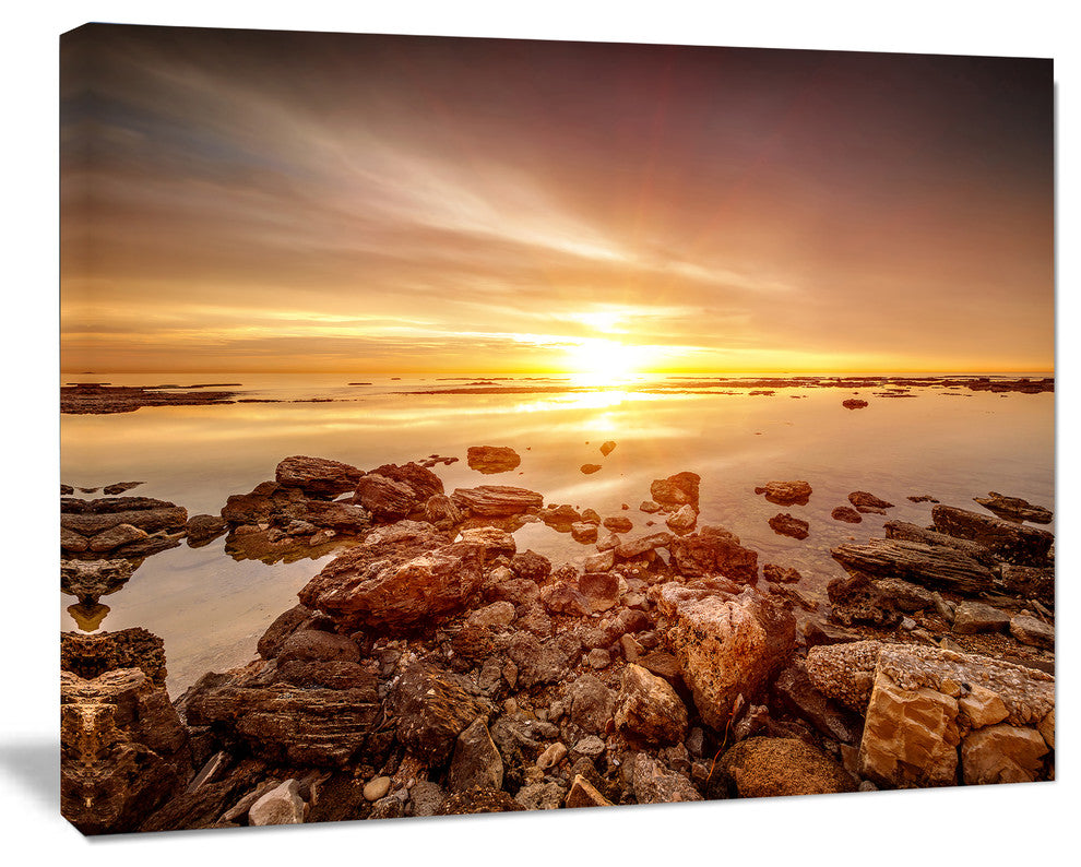 Beautiful Sunset Over Rocky Beach, Large Seashore Canvas Art Print, 20"x12"