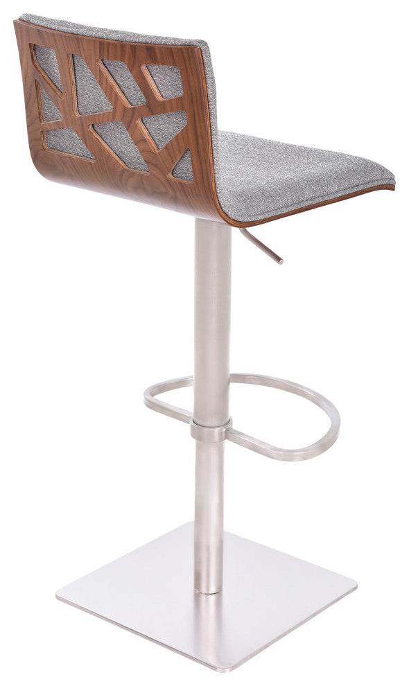 Adjustable Gray Fabric Walnut and Stainless Swivel Bar Stool