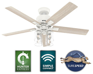 Hunter 52" WiFi Techne Ceiling Fan, LED Kit, Remote, Matte White