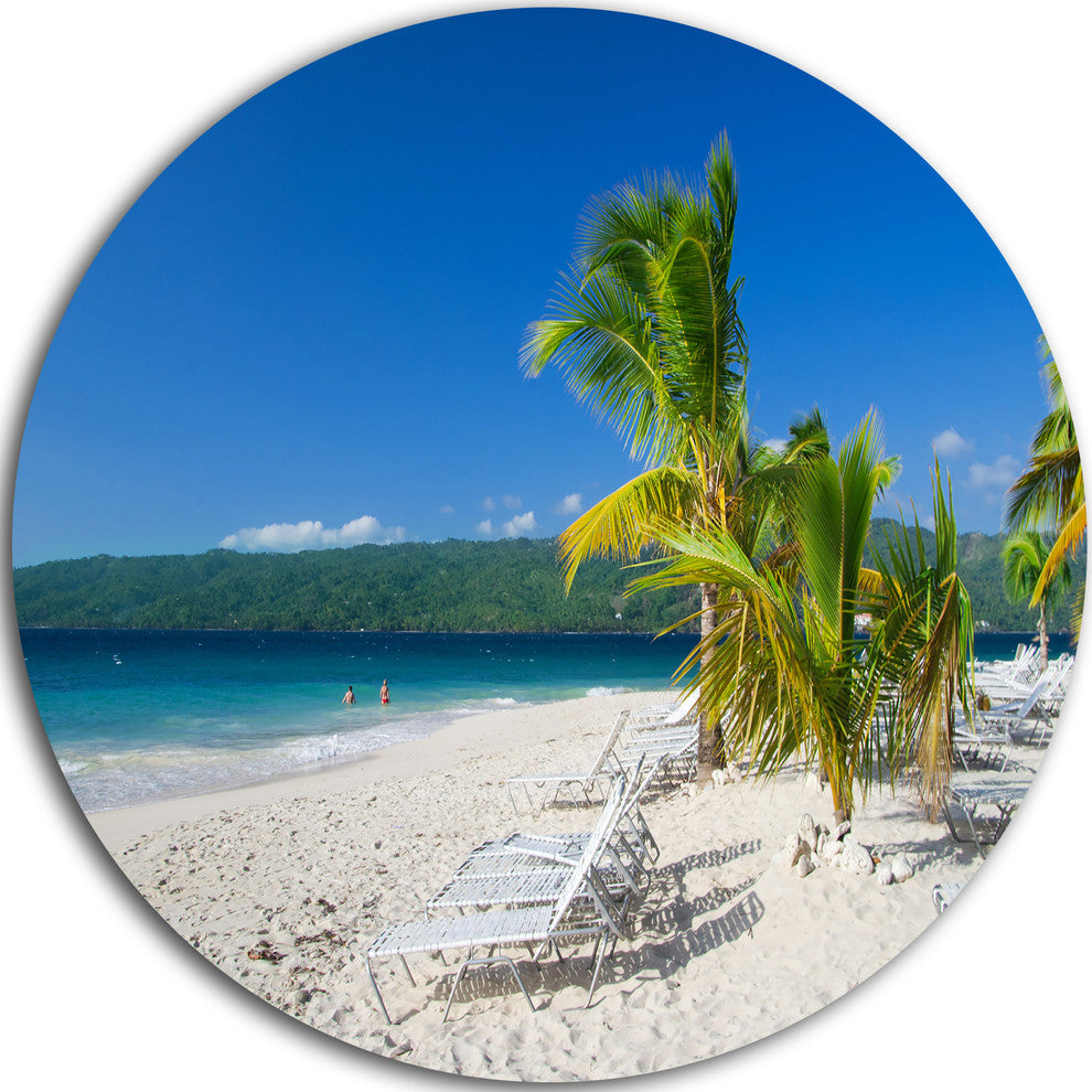 Beach Coconut Palms In Wind, Seashore Photo Disc Metal Artwork, 23"
