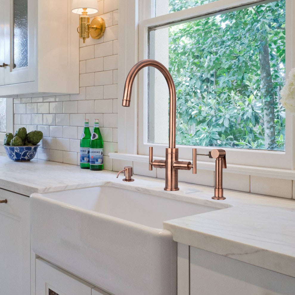 Akicon™ Two-Handle Copper Widespread Kitchen Faucet With Side Sprayer, Antique Copper