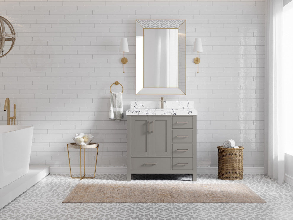 Malibu 36 Center Sink Bath Vanity in Elephant Skin Gray 2" Viola Night