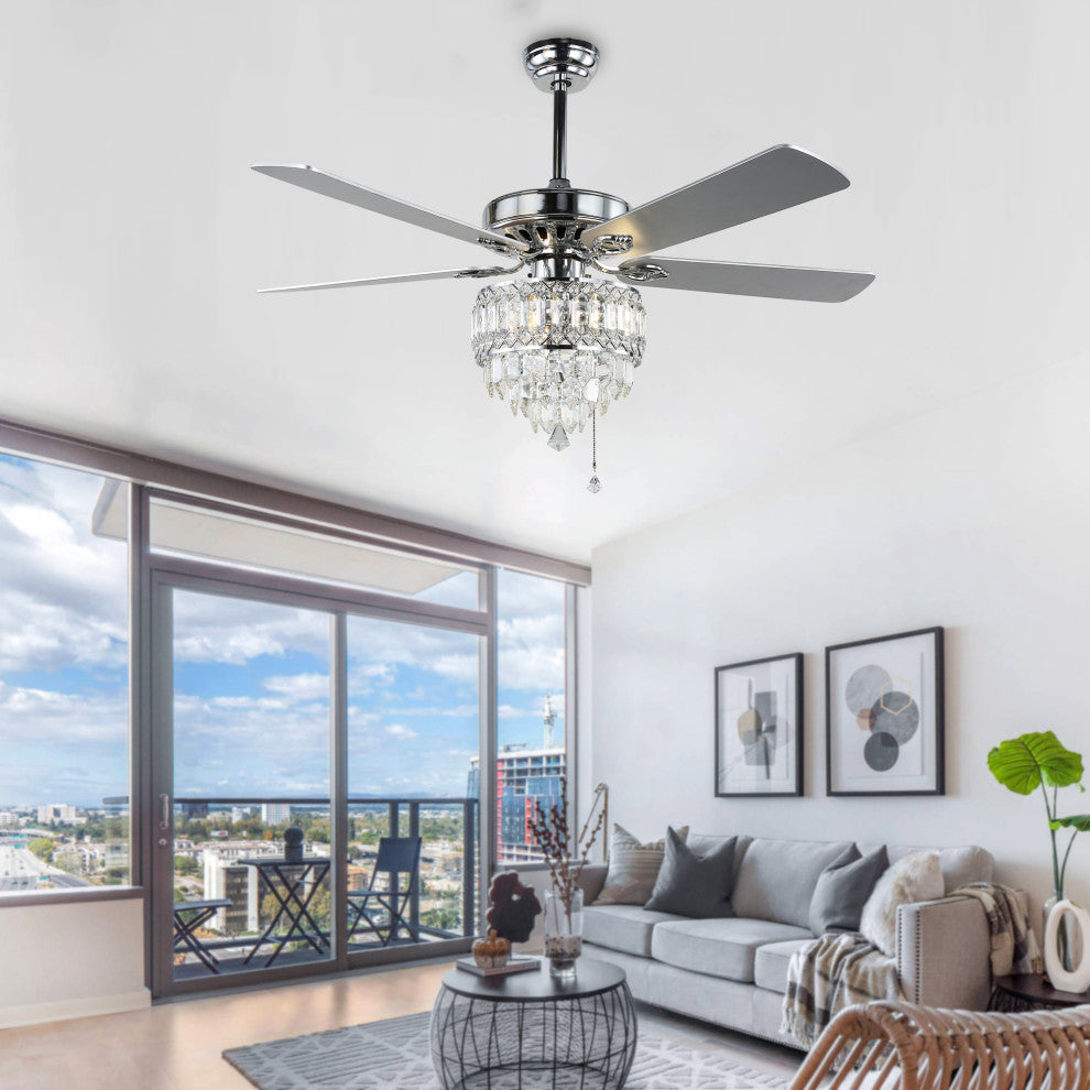52" Black Crystal Reversible Ceiling Fan with 5 Wood Blades and Remote Control, Chrome, 52"