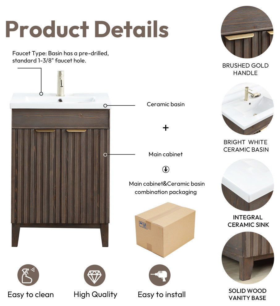 Palos Bathroom Vanity, Spruce Aged Brown, 24", Ceramic Top, No Mirror