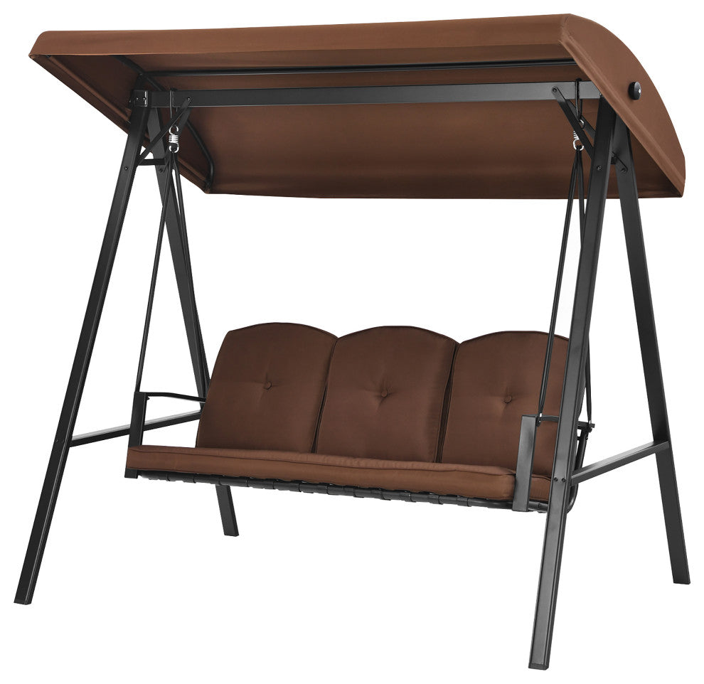 Costway Outdoor 3-Seat Porch Swing with Adjust Canopy and Cushions Brown