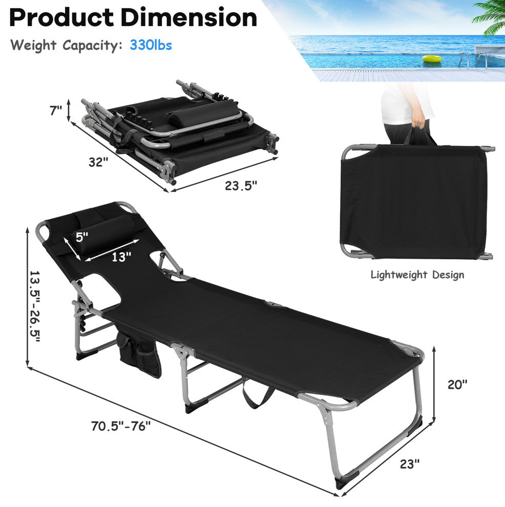 Goplus Outdoor Beach Lounge Chair Folding Chaise Lounge with Pillow Black