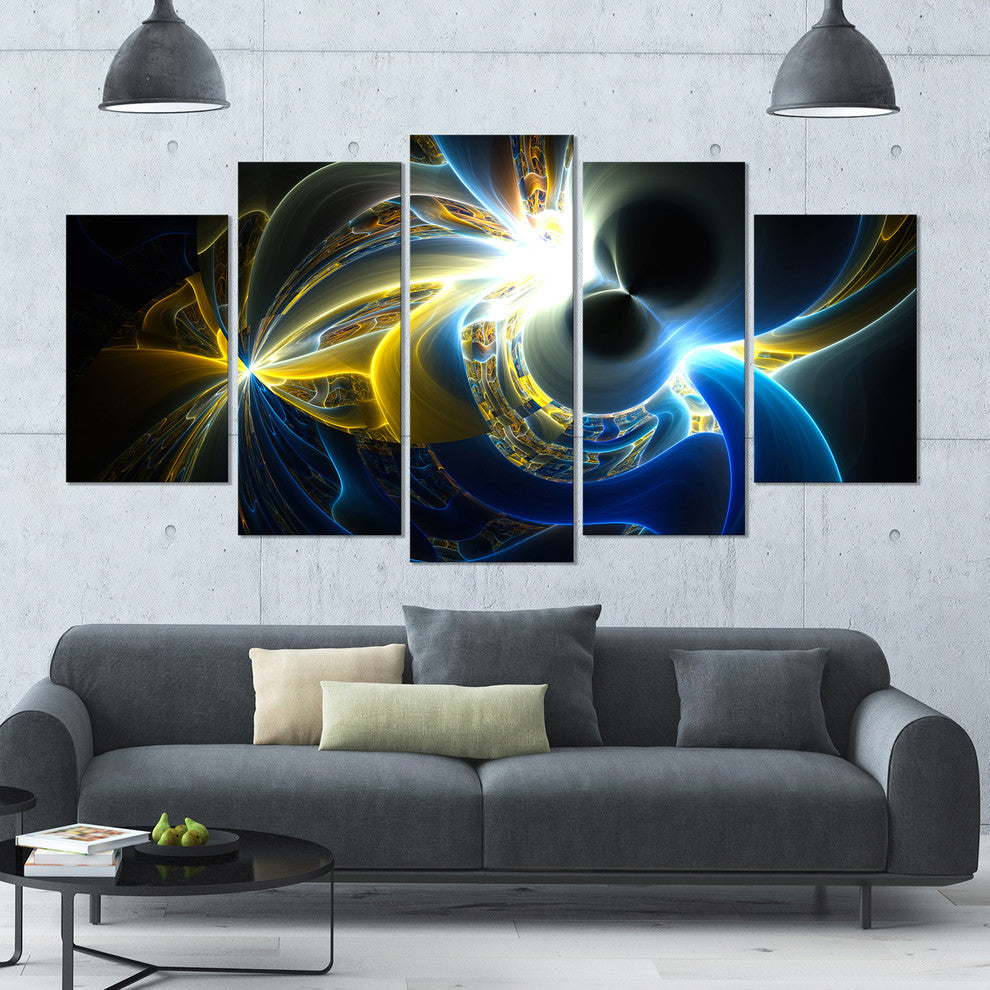 Glowing Blue Yellow Plasma, Contemporary Wall Art Canvas, 60"x32", 5 Panels