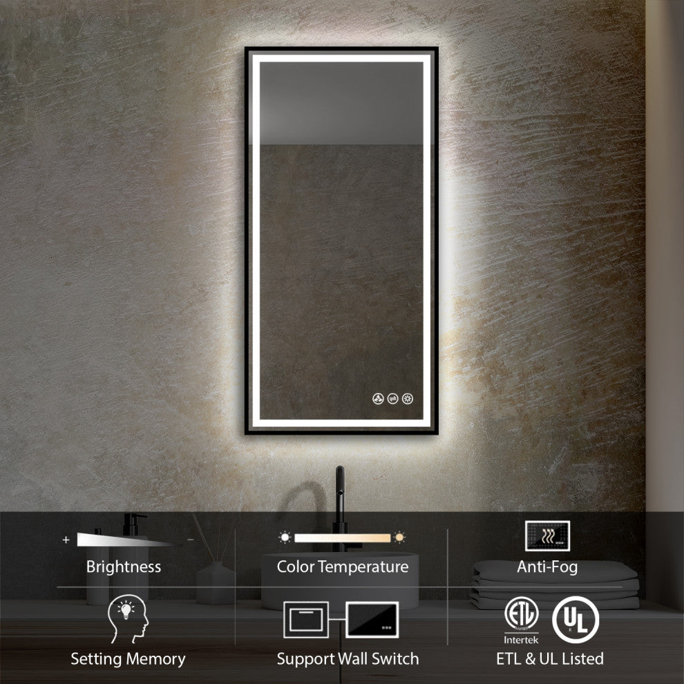 Fogless, Dimmable, Color Temperature Adjustable LED Mirror, Matte Black, 18x36