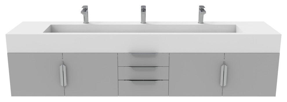 CastelloUSA Nile 84" Wall Mounted Bathroom Vanity Set, Gray, White Top, Chrome Handles