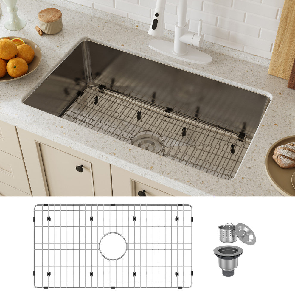 31in Undermount Single and Double Bowl 18 Gauge Stainless Steel Kitchen Sink, Single