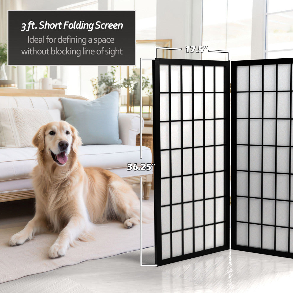 3' Tall Window Pane Shoji Screen, Black, 6 Panels