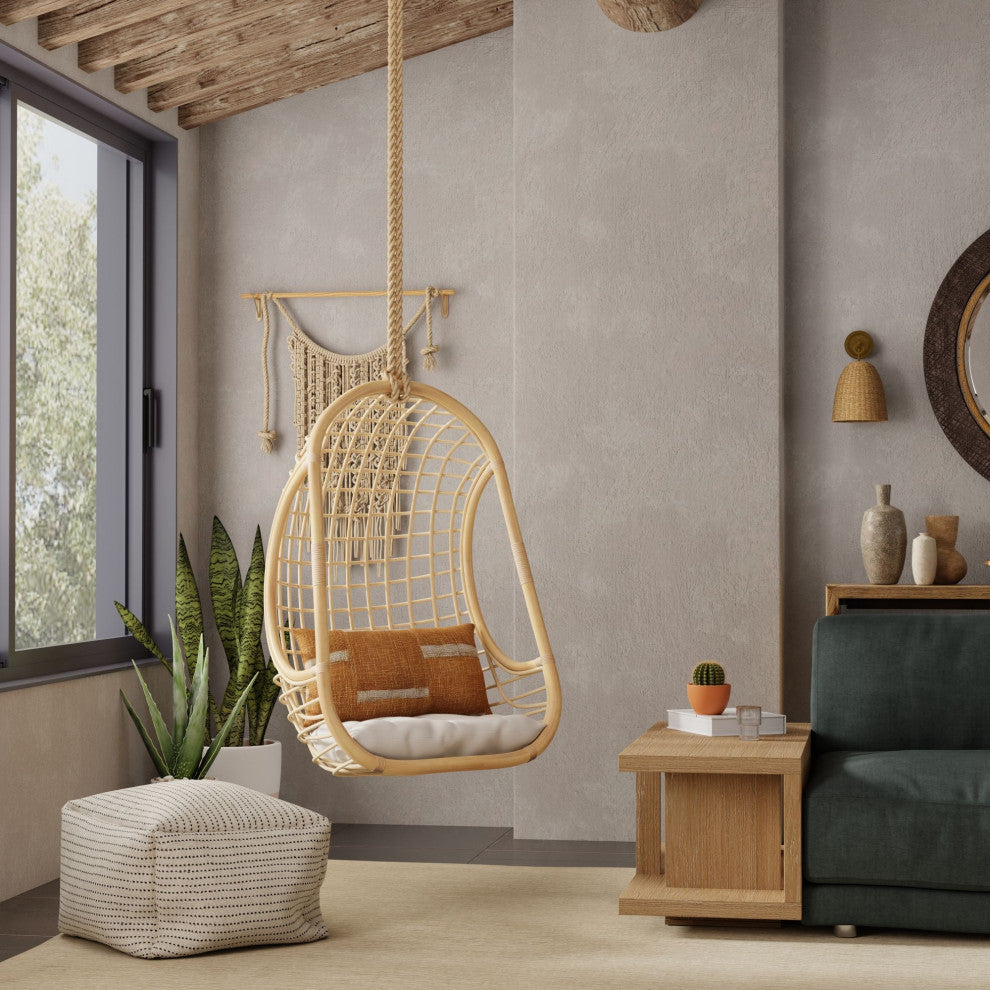 Grid Rattan Hanging Chair with Seat Cushion, Natural Color
