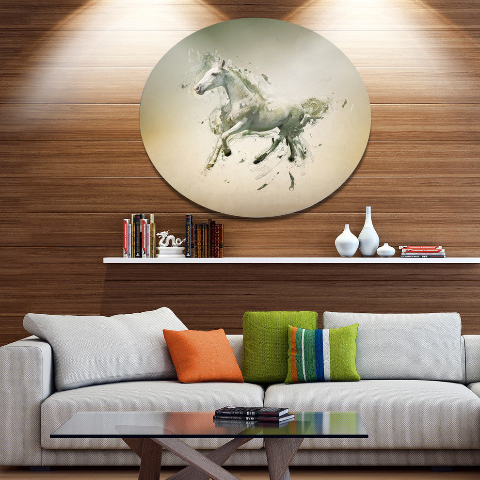 White Horse In Motion On Brown, Animal Round Wall Art, 36"