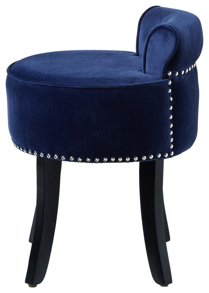 Ludovic Velvet Contemporary Nailhead Trim Rolled Back Vanity Stool, Navy