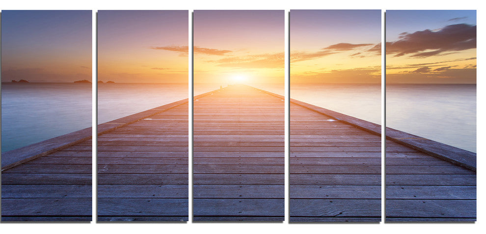 "Wooden Pier To Bright Evening Sun" Sea Bridge Wall Artwork, 5 Panels, 60"x28"