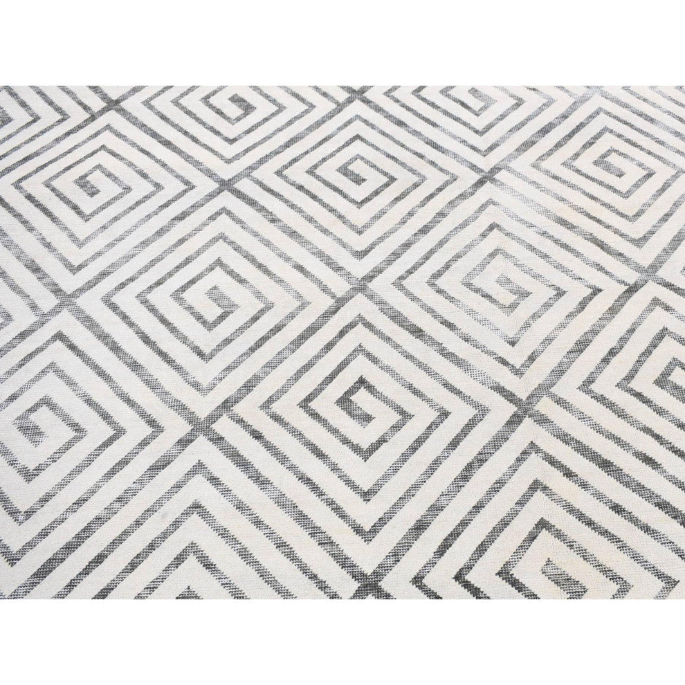 Ivory Roman Key Squares Design Hand Knotted Pure Silk With Wool Rug, 9'0"x12'0"