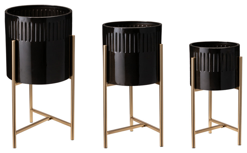 Set of 3 Modern Glossy Metal Plant Stands, KD, Black / Gold