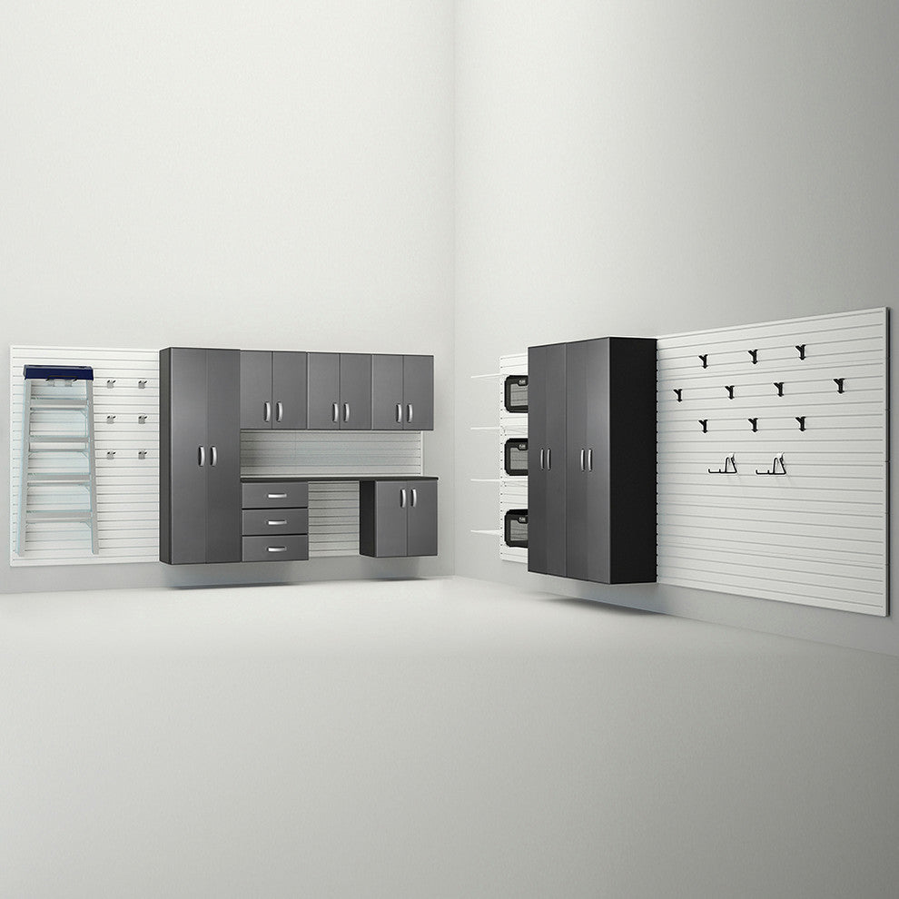9 Piece Deluxe Cabinet Set Garage Organization System, White and Silver